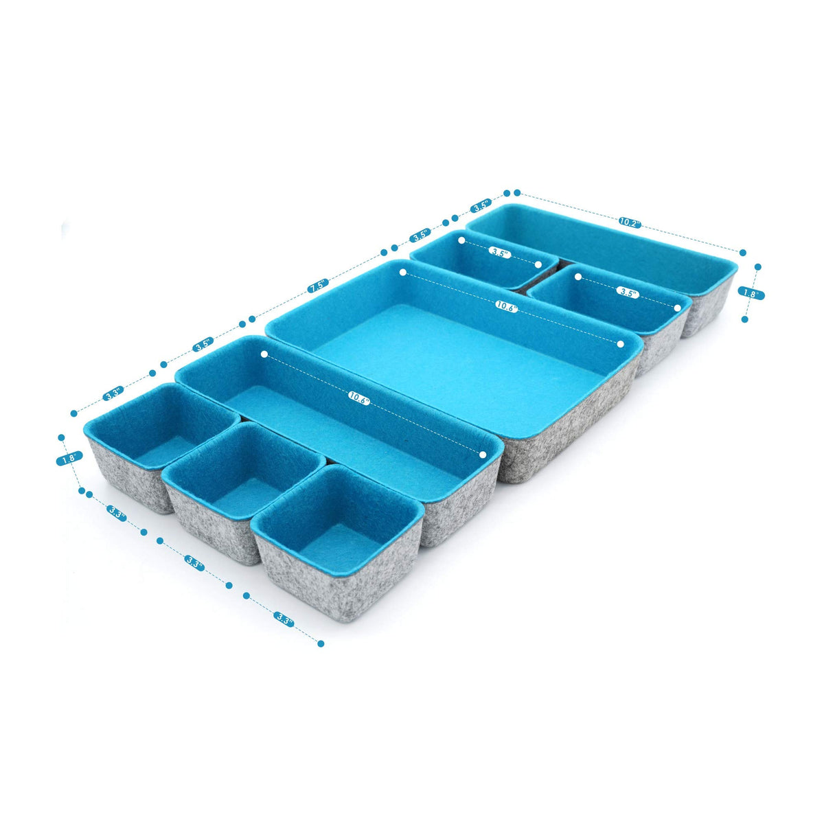Welaxy Minimalist Felt Desk Drawer Organizer 8pc Turquoise Storage Bins