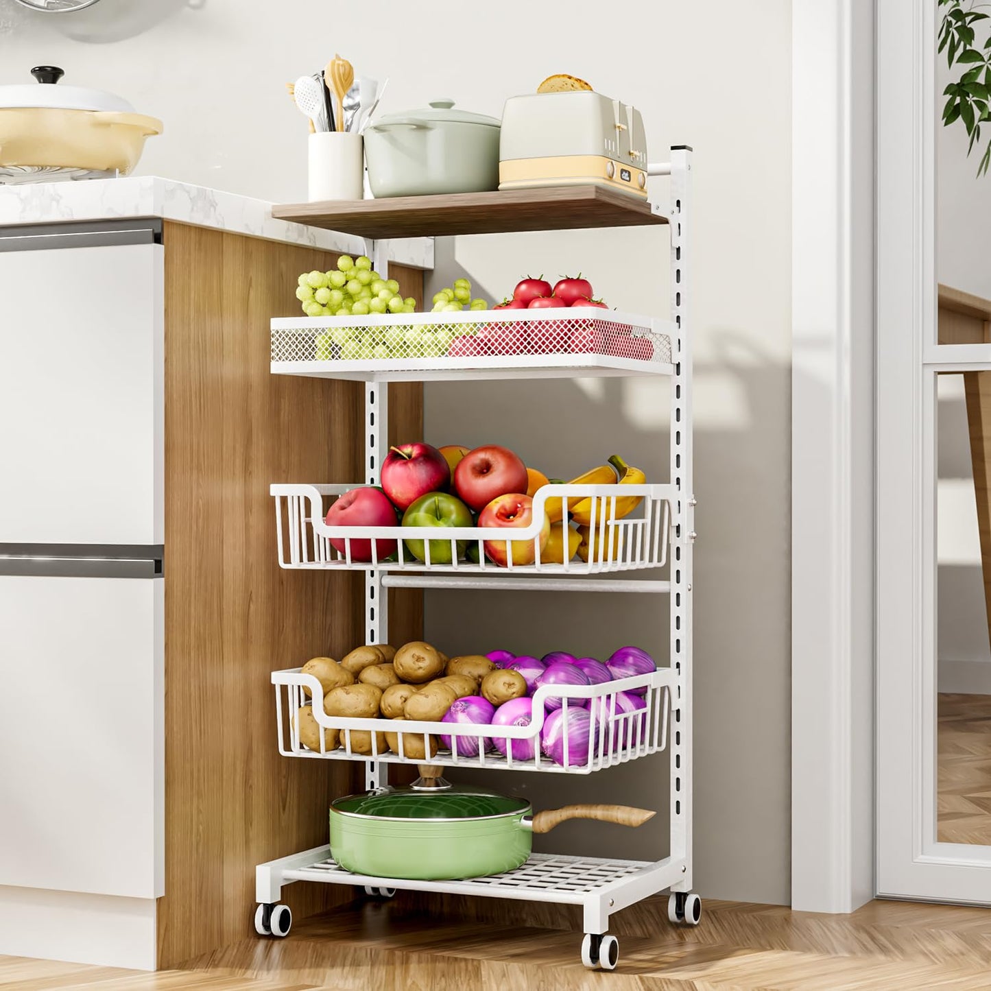 HapiRm Fruit Basket Kitchen Cart - 5 Tier Adjustable Vegetable Storage Rack, Large Capacity Rolling