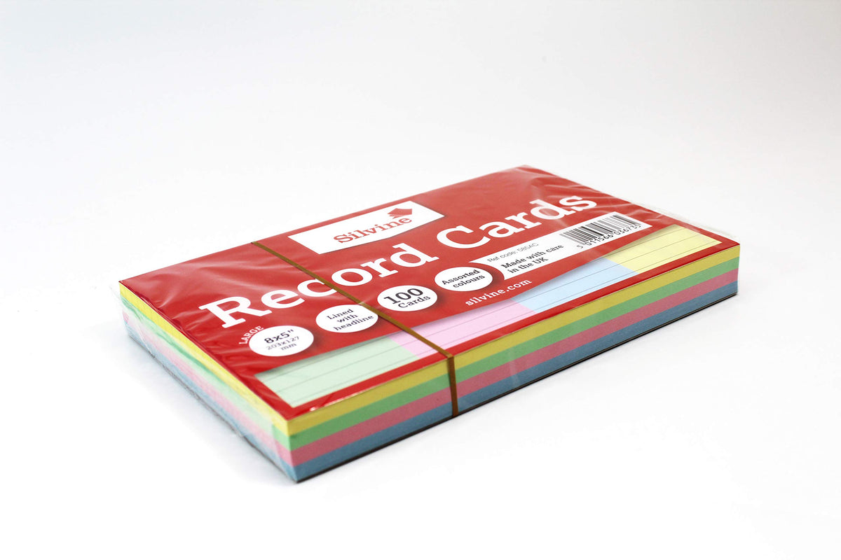 Silvine 8x5" Multi-Coloured Record Cards - Lined with Headline, 100 Cards per Pack. Ref 585AC (203