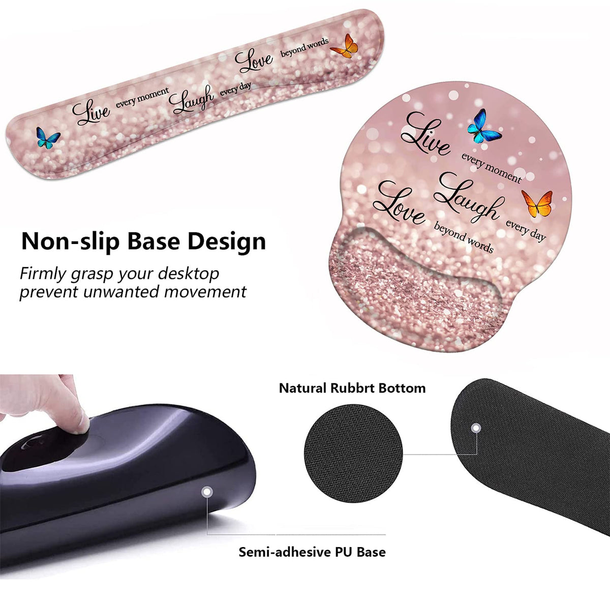 Keyboard Wrist Rest and Mouse Pad Wrist Support Set with Coasters, Non-Slip PU Base Ergonomic