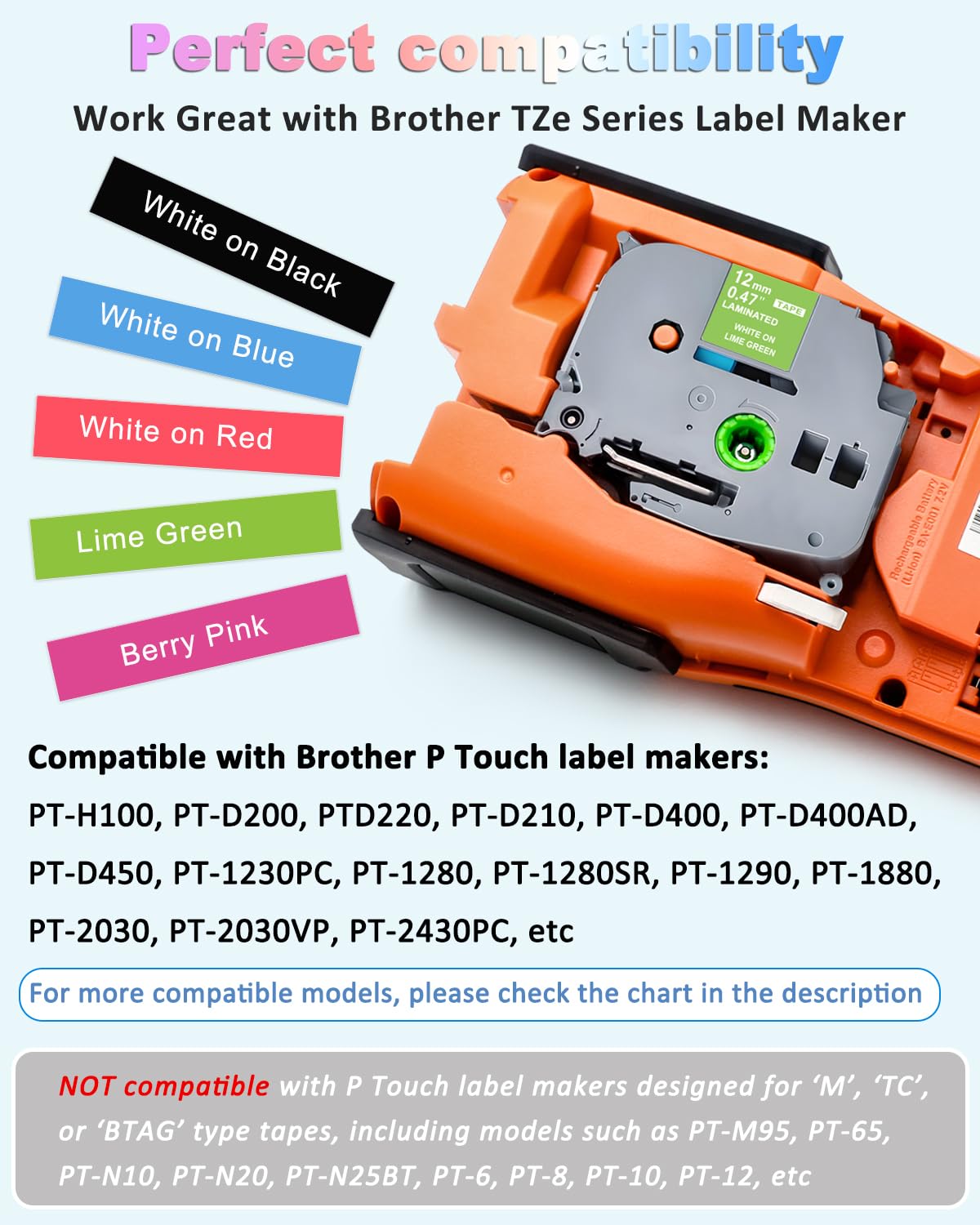 Replace for Brother P-Touch Label Maker Tape TZe 12mm 0.47" Refills