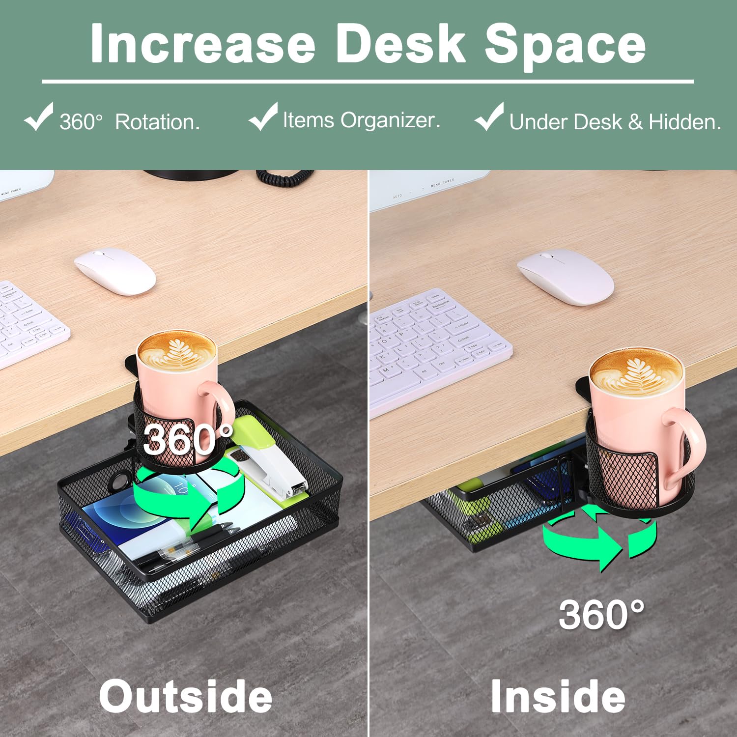ROSYLINE Rotary Under Desk Storage Organizer with Cup Holder & Drawer Tray