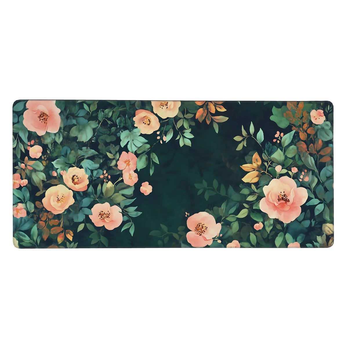 Cute Floral Aesthetic Rose Gaming Mouse Pad, Forest Green Moody Forest Desk Mat with Anti-Slip Base