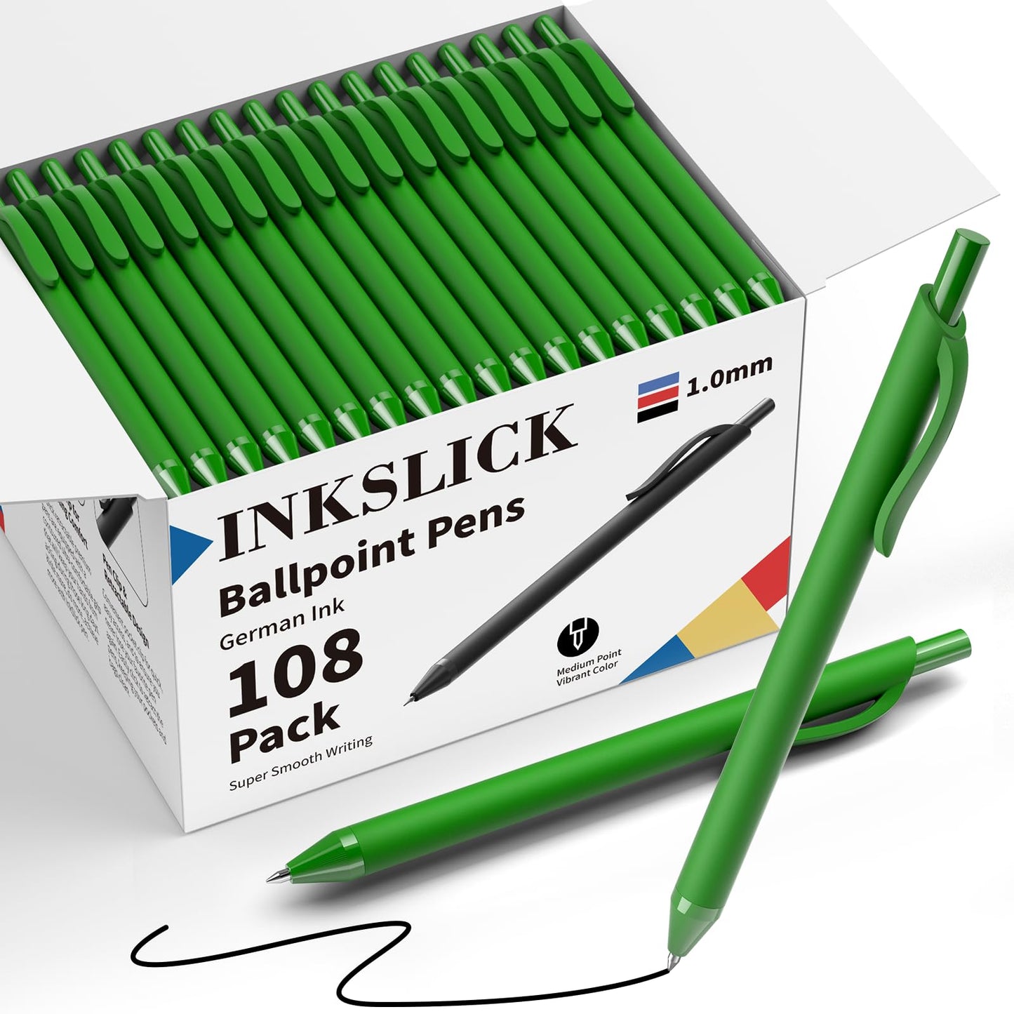 InkSlick 108 Pack Black Ink Pens Bulk Retractable Ballpoint Pens 1.0mm