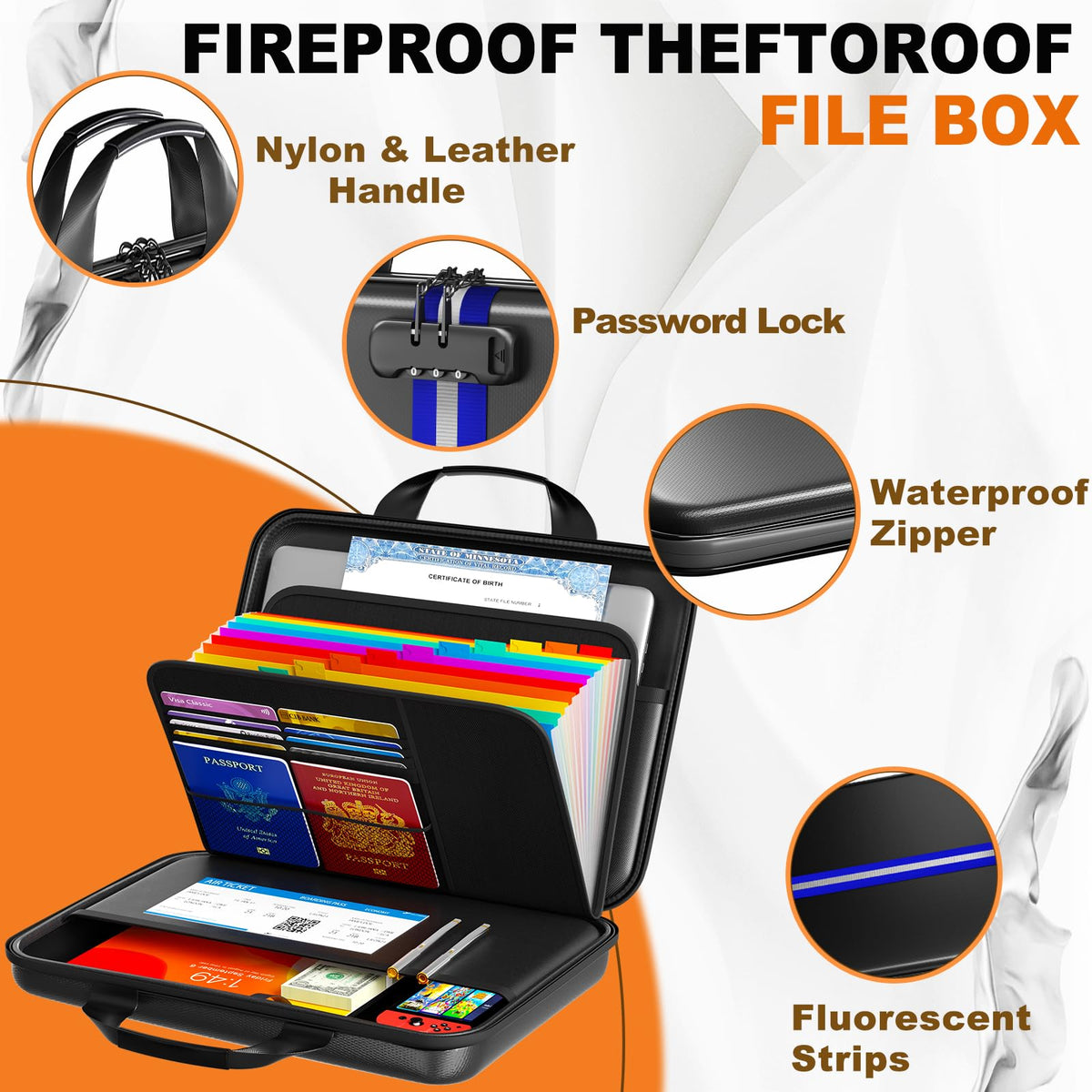 IPYIPY Fireproof Document Organizer with Lock, Semi-Rigid EVA Shell File Box with 13-Pocket