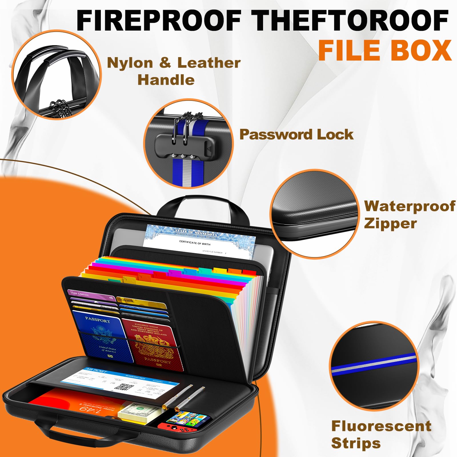 IPYIPY Fireproof Document Organizer with Lock, Semi-Rigid EVA Shell File Box with 13-Pocket