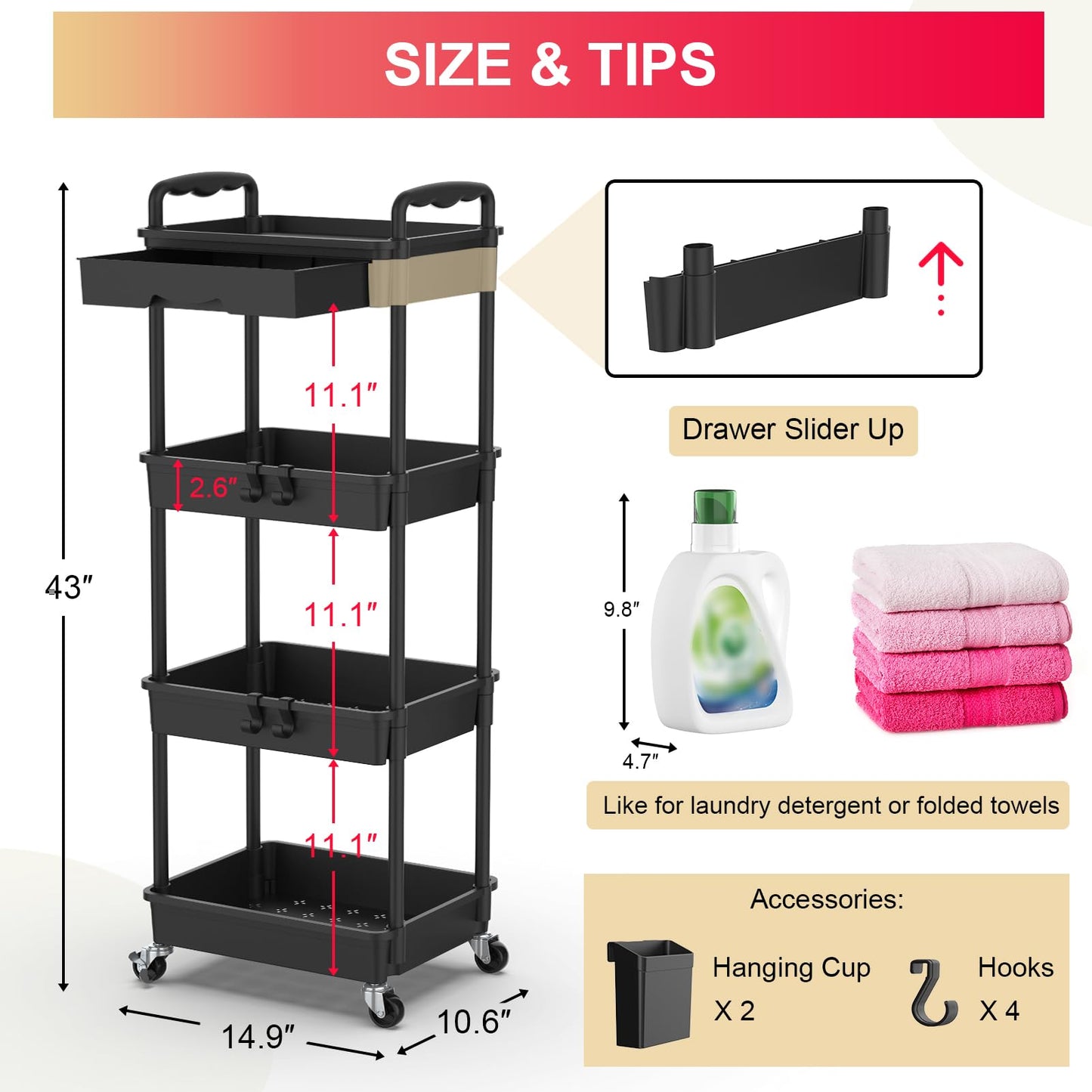 Goovilla 4 Tier Rolling Utility Cart Organizer with Removable Drawer, Black