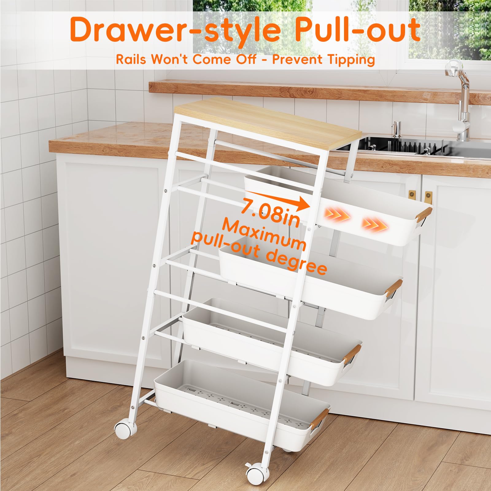 Landmok 5-Tier Kitchen Storage Cart, Wood Top Rolling Cart Organizer with Pull-Out Baskets &