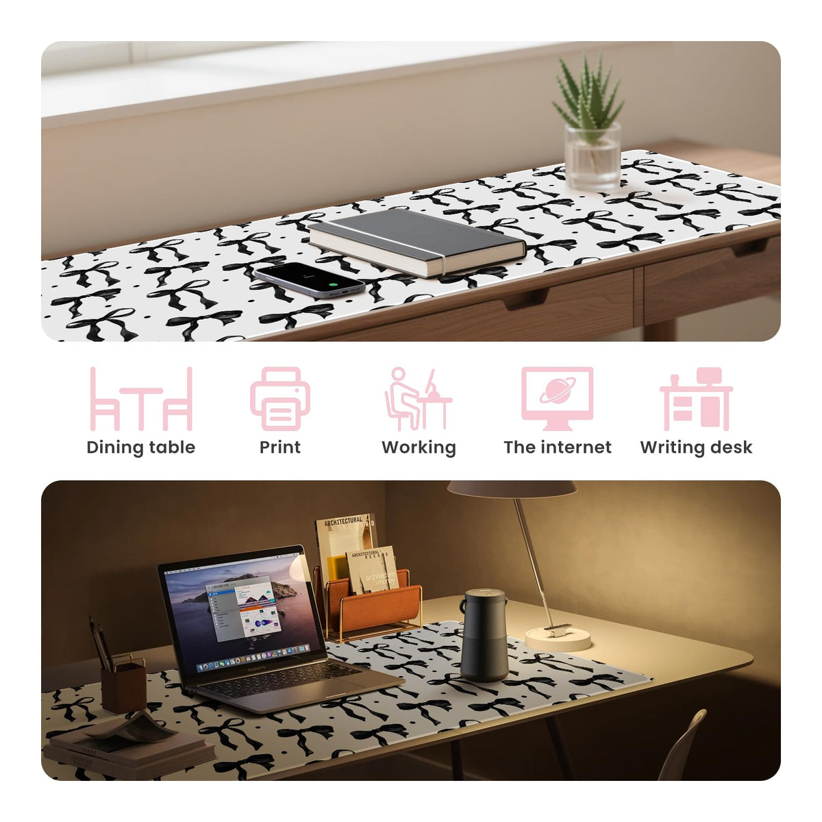 White Black Bows Mouse Pad, Desk Mat Keyboard Mat for Computer 35.4x15.7in