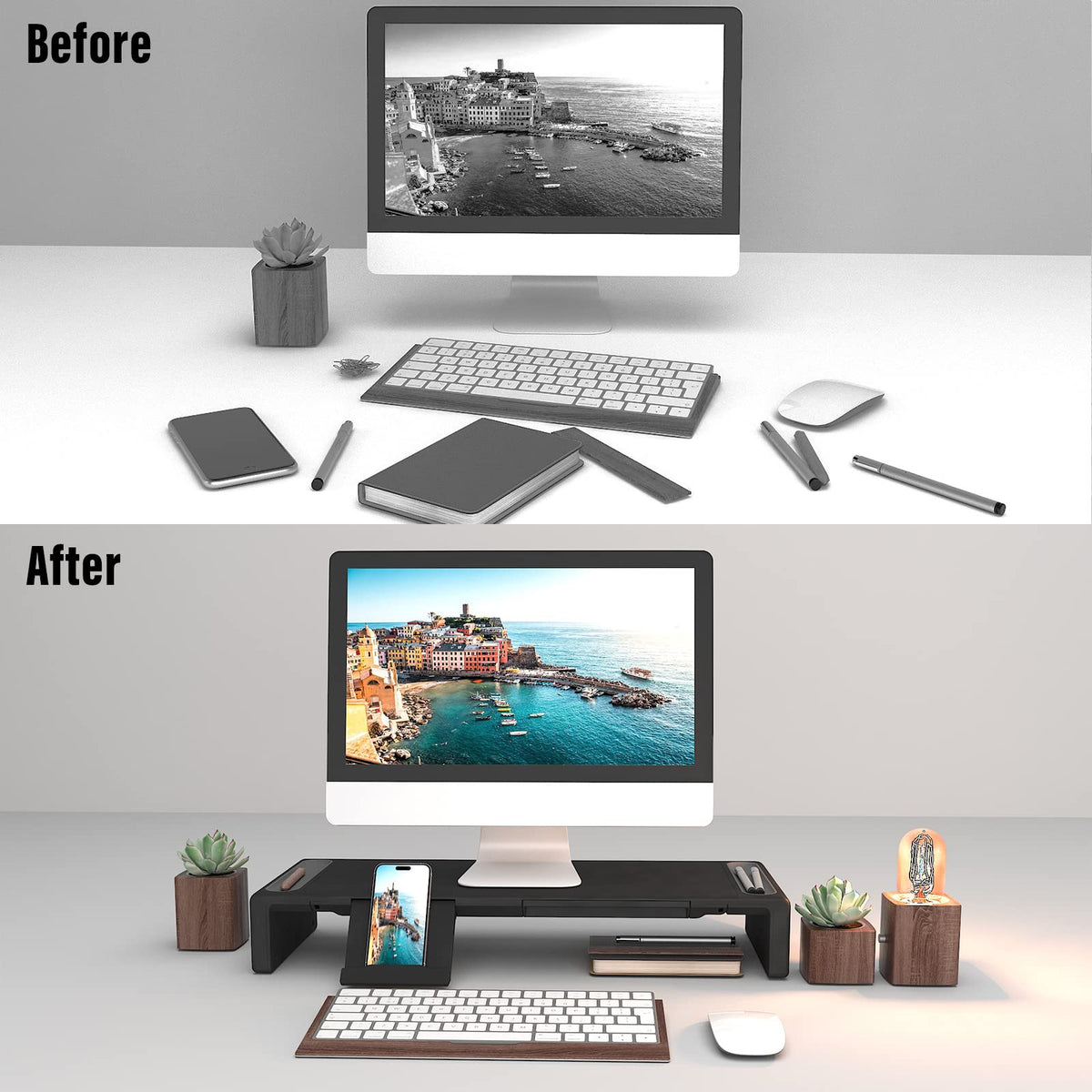 Adjustable Monitor Riser with Drawer & Phone Holder, Foldable Desk Stand