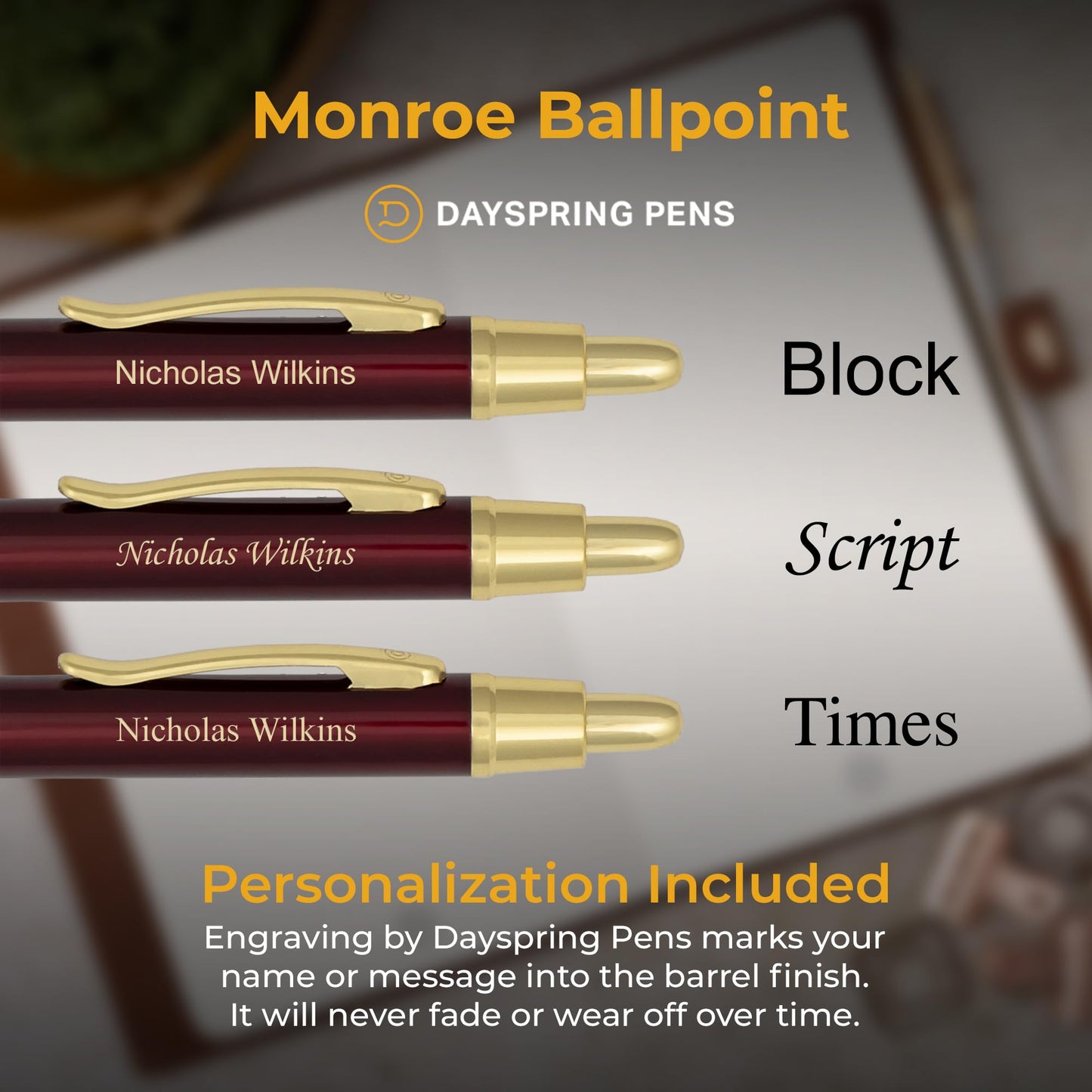 Dayspring Pens Monroe Personalized Ballpoint Pen, Ruby Red, 18k Gold Trim