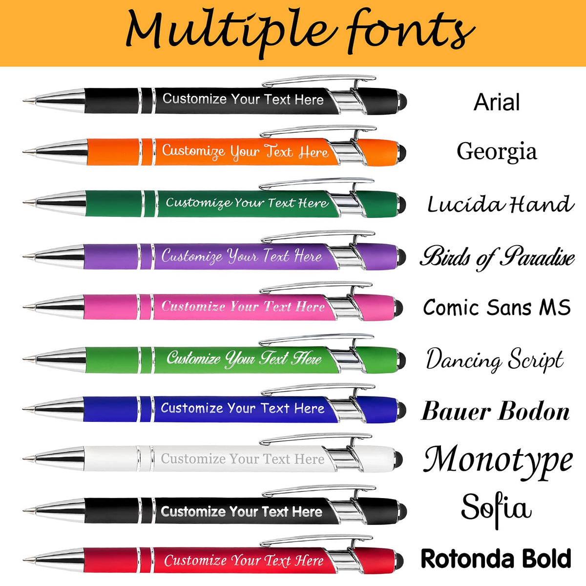 SeeWeLove 10 Pcs Personalized Pens in Bulk with Stylus Tip - Custom Rose Gold Pens with Name 0.5 mm