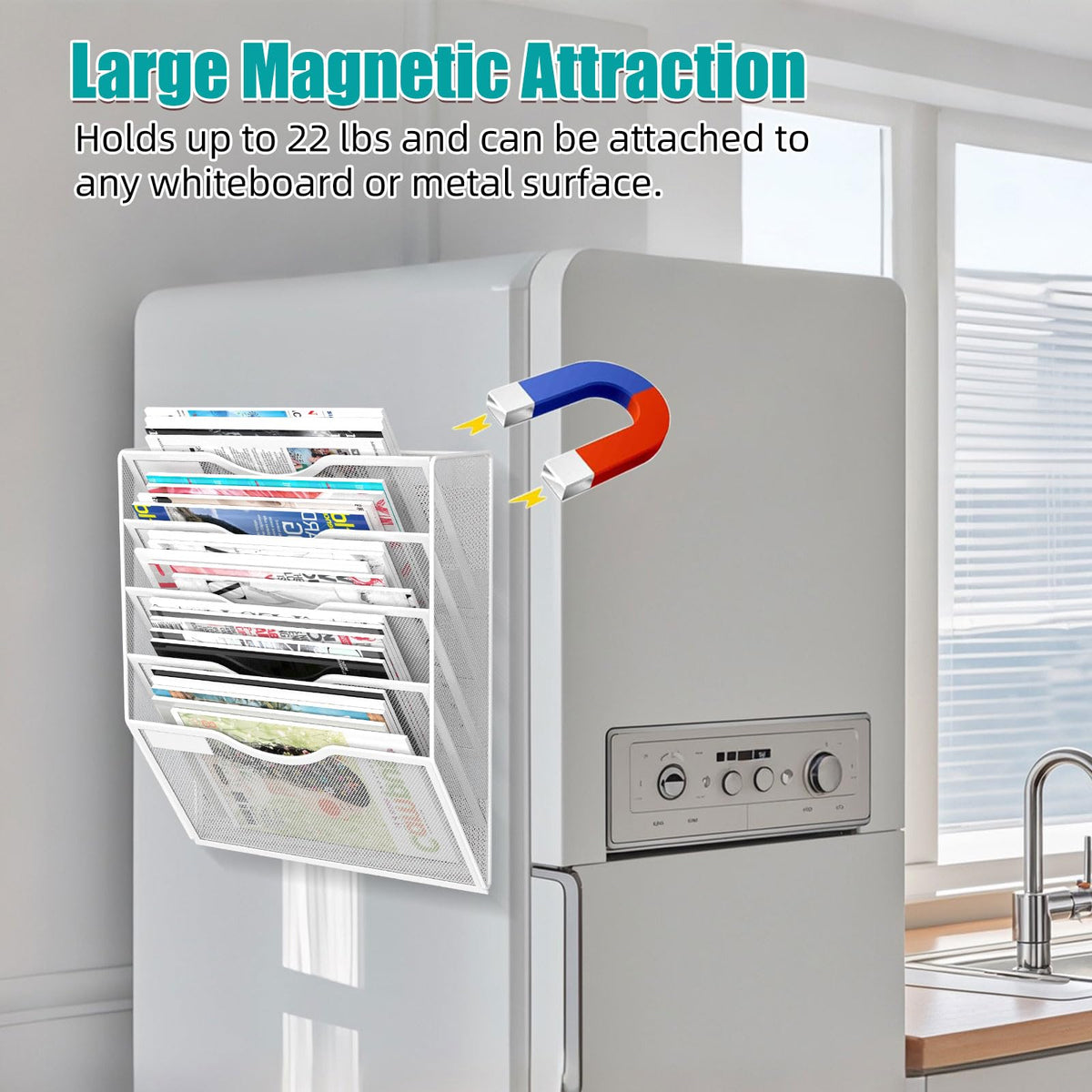 LQPAFZ 5-Tier Magnetic File Organizer, No Drilling Installation, White Magnetic Paper Holder