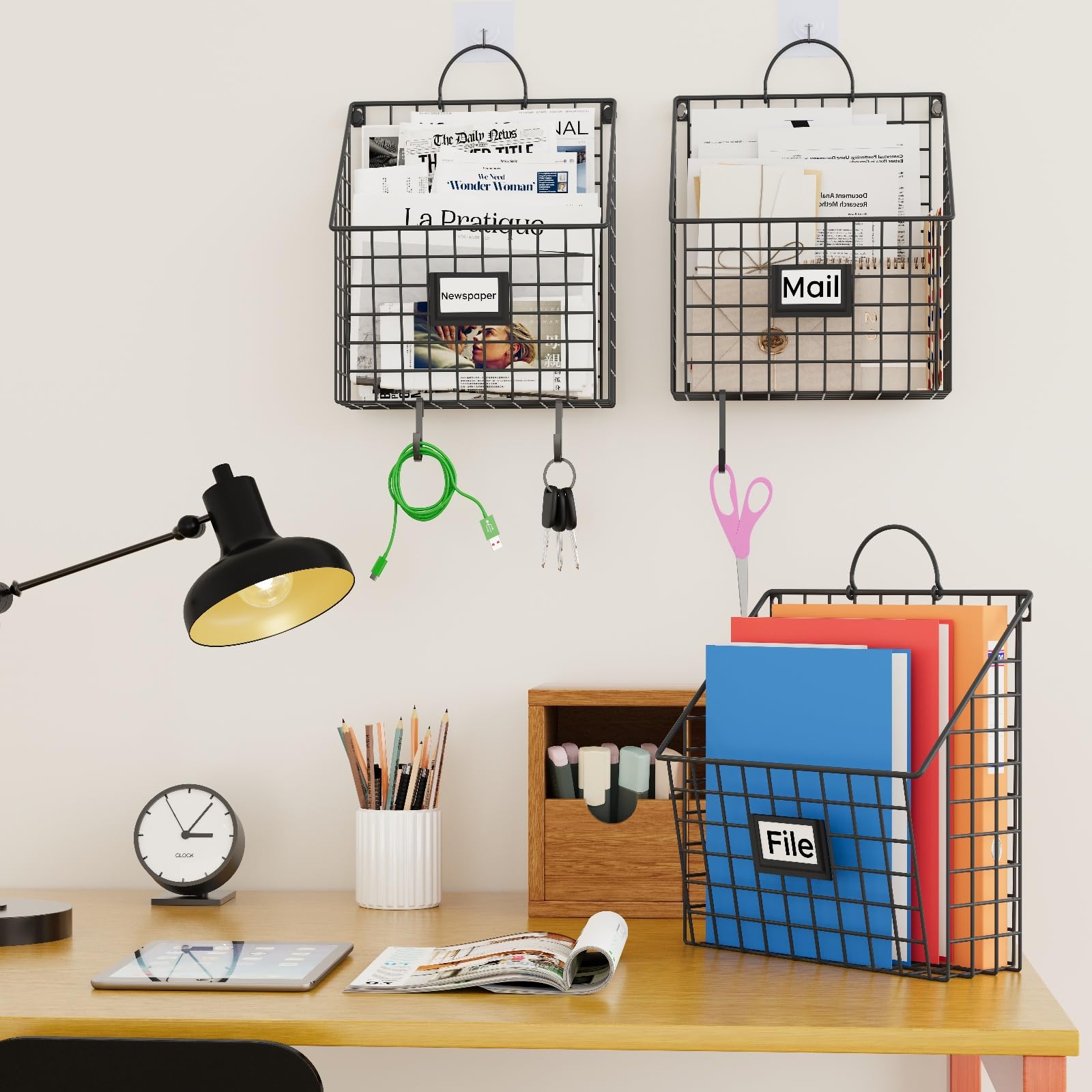 3 Packs Hanging Wall File Organizer with Hooks, Magazine Rack ,Mail Basket