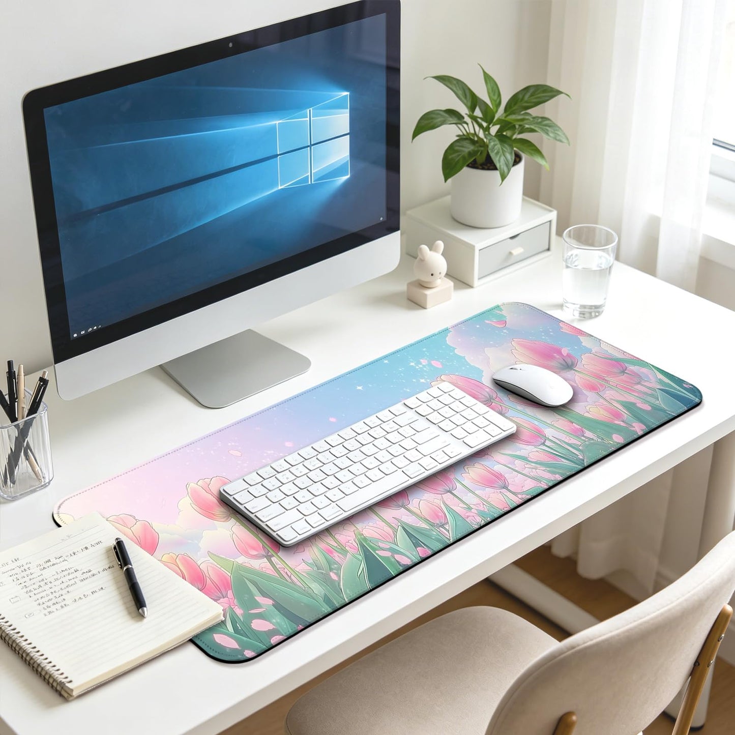 JIANG100 Pink Tulips Gaming Desk Mat, Flower Extended Mouse Pad, XL