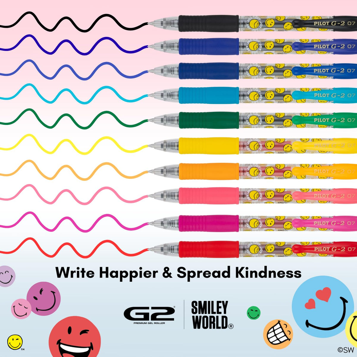 PILOT, G2 Smileyworld Gel Roller Pens, 10 Pack Pouch, Assorted Ink