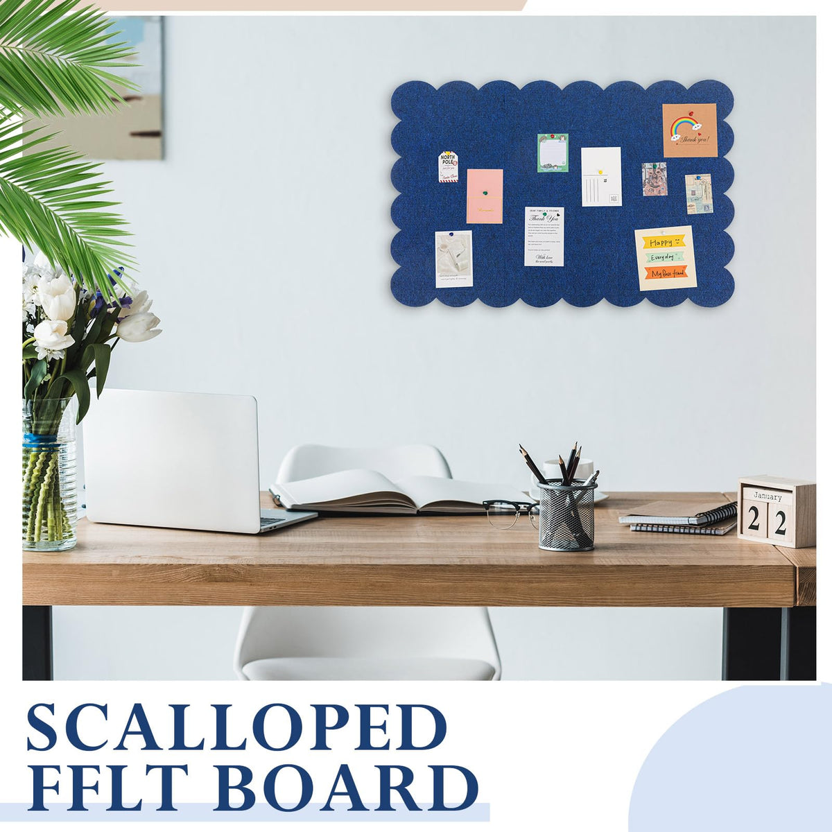 Mooliwe Scalloped Felt Bulletin Cork Board Foldable Dark Blue 24 * 18 Inch