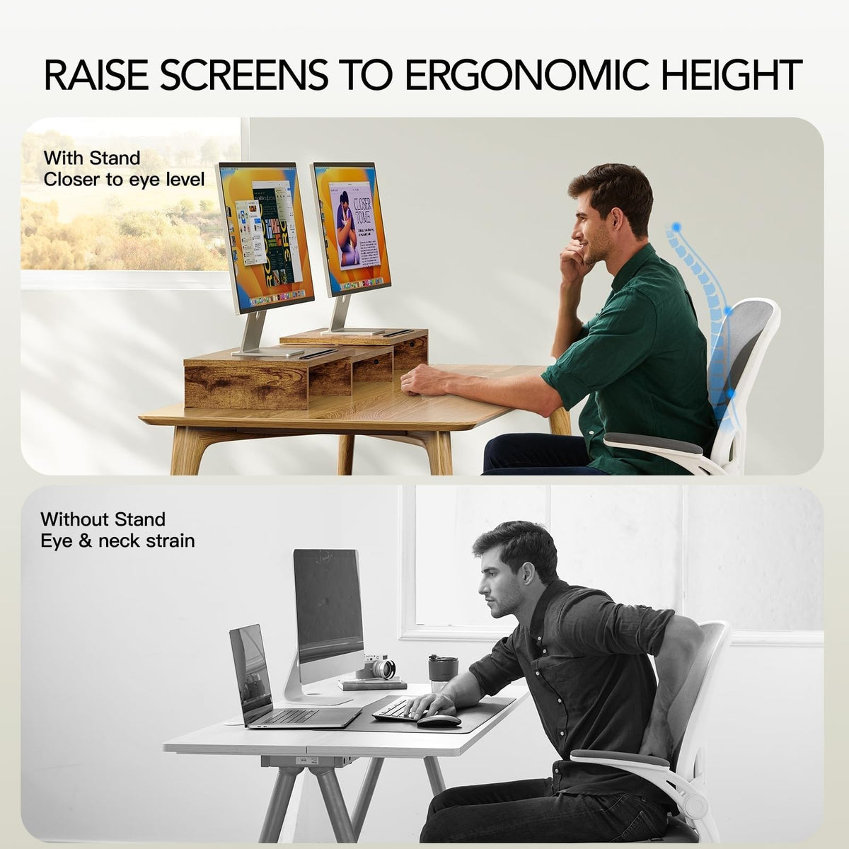 AMERIERGO Dual Monitor Stand Riser- 3 Shelf Screen Stand with Adjustable Length and Angle, 2 Extra