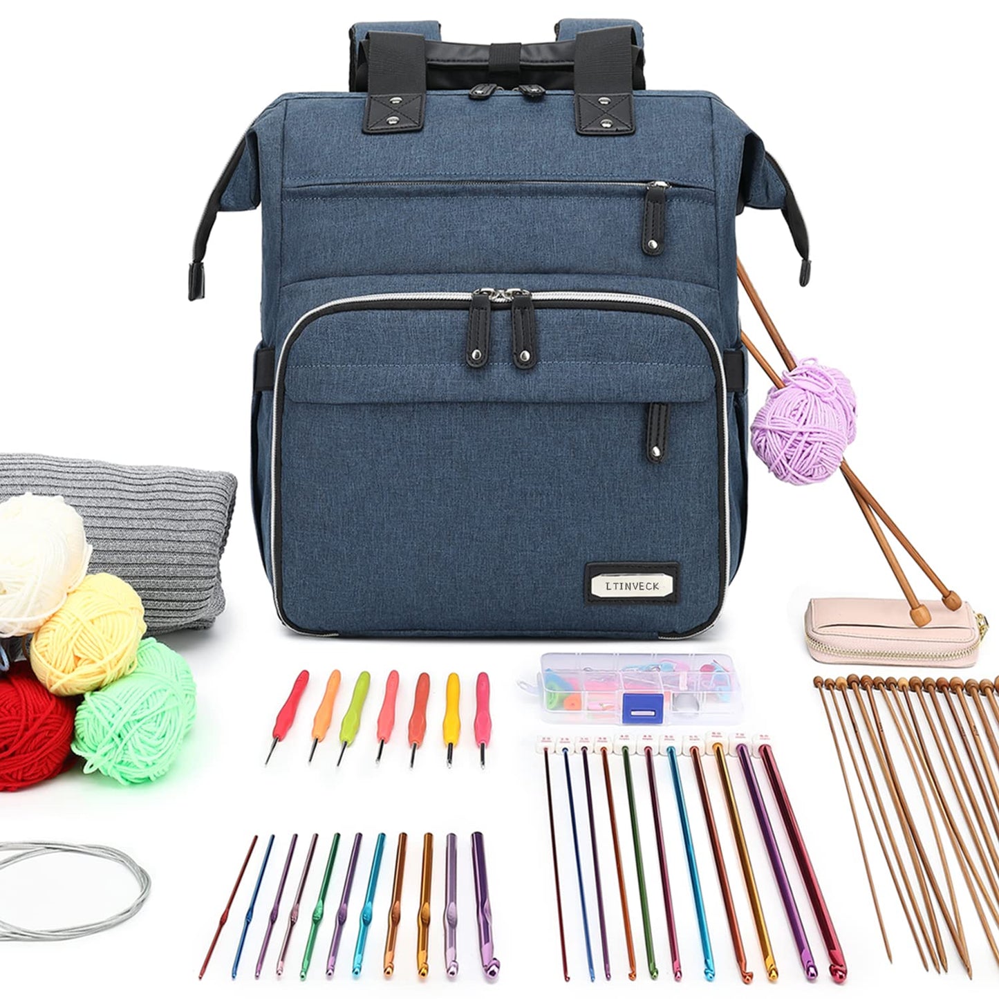 LTINVECK Crochet Backpack,Knitting Bag Backpack Yarn Storage Organizer Travel Bag,Large Yarn Tote