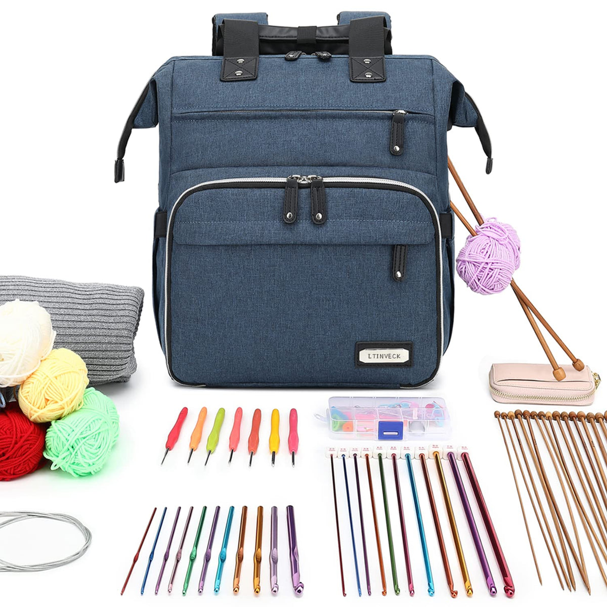 LTINVECK Crochet Backpack,Knitting Bag Backpack Yarn Storage Organizer Travel Bag,Large Yarn Tote