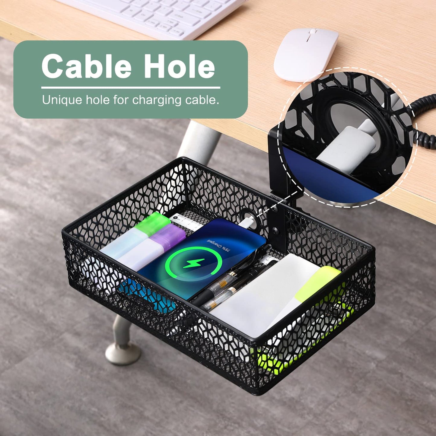 ROSYLINE Under Desk Storage Basket Hanging Drawer Tray, Clamp On Organizer