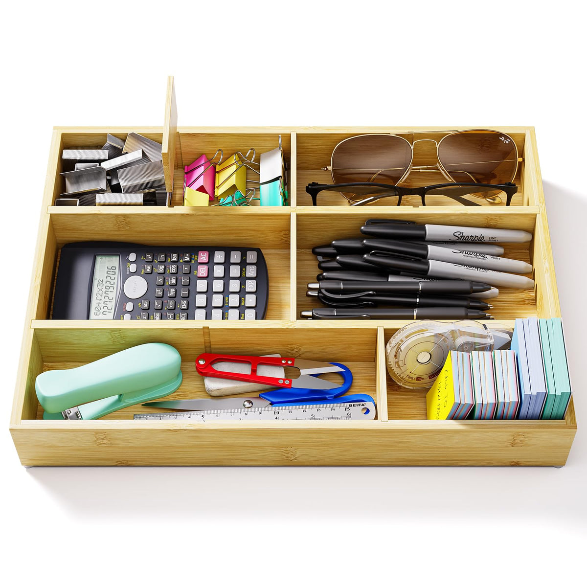 Bamboo Drawer Organizer with 9 Adjustable Compartments, Desk Storage Tray