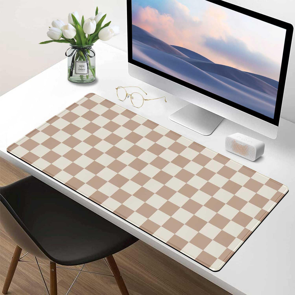 XXL Brown Checkered Mouse Pad with Non-Slip Rubber Base, Large Modern Aesthetic Mouse Pads for Desk
