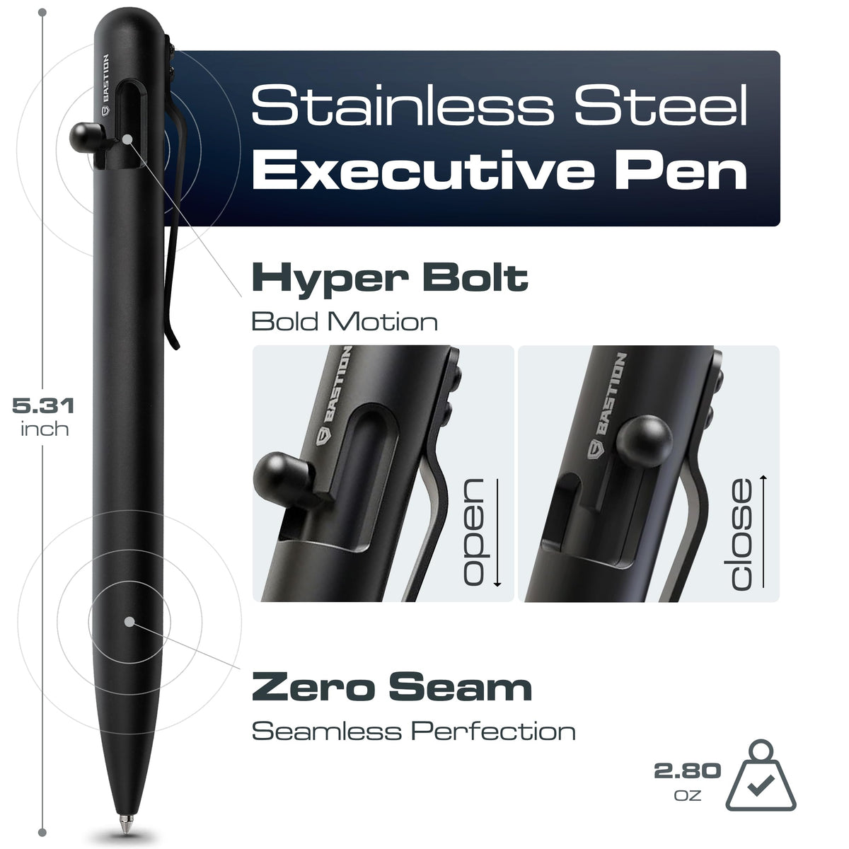 BASTION Bolt Action Pen, Stainless Steel Black, Premium Metal Writing Pen