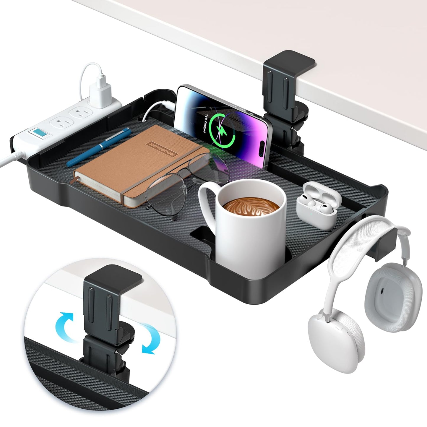 KDD Under Desk Organizer - 360° Rotating Clamp-On Tray with Headphone Hook, Phone & Tablet Holder