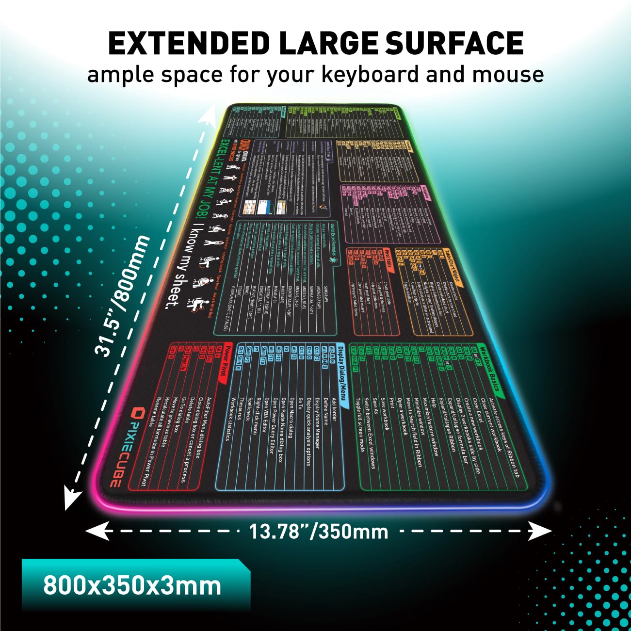 Excel Cheat Sheet LED Desk Pad | Excel Shortcut Keys Mouse Pad - Colorful RGB Luminous Extended