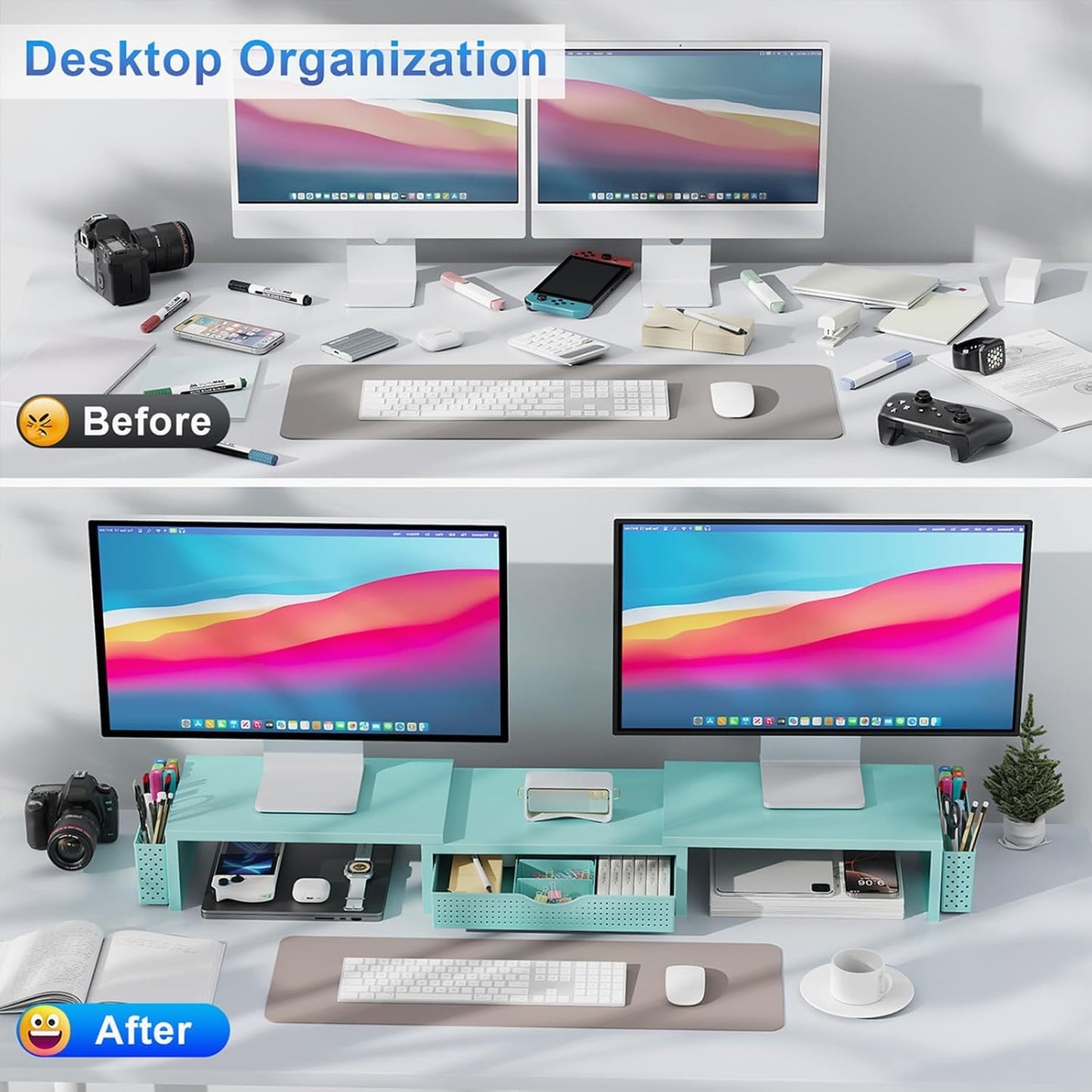 gianotter Dual Monitor Stand Riser With Drawer and 2 Pen Holders