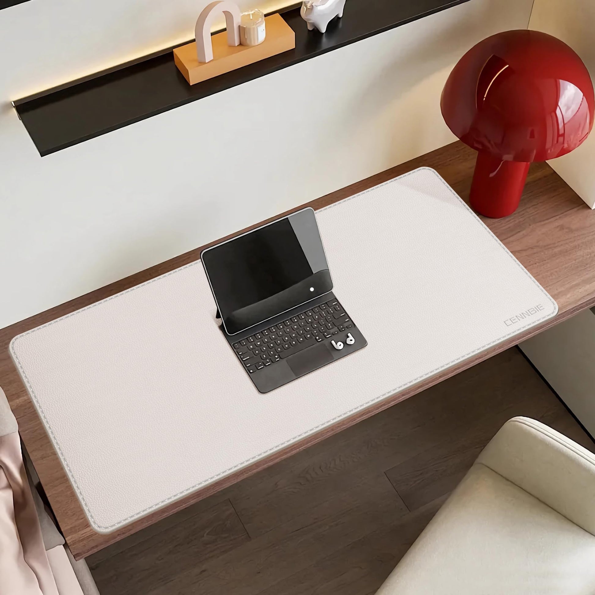 CENNBIE 35.5" x 16" Leather Desk Mat,Computer Mouse Pad for Office(Cream)