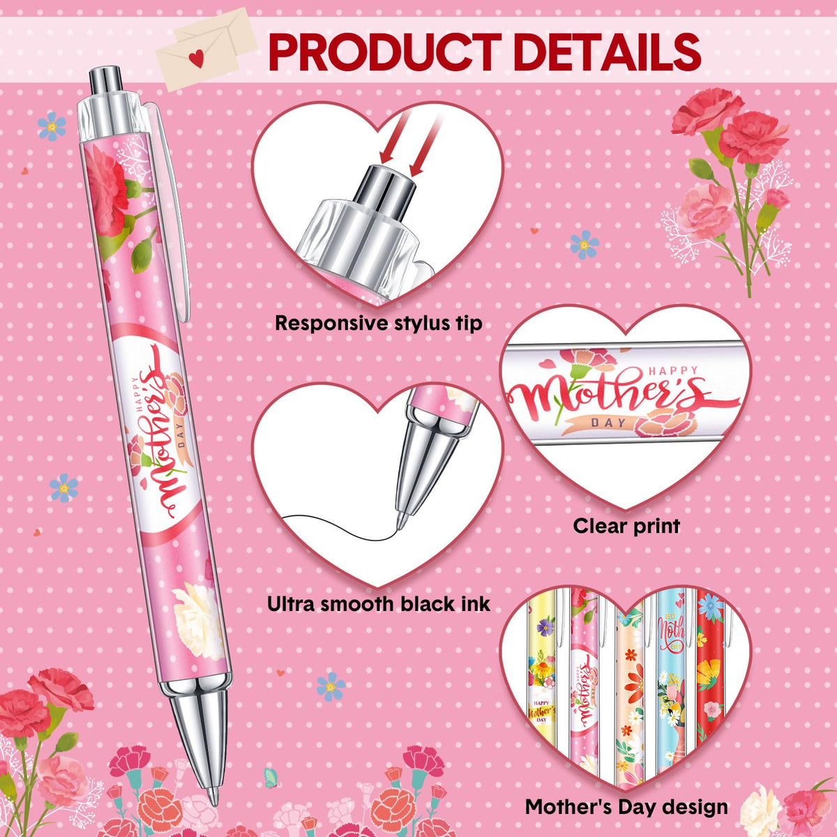 Cholemy 48 Pcs Mother's Day Ballpoint Pens Bulk Flower Happy Mother's Day Writing Pens Best Mom