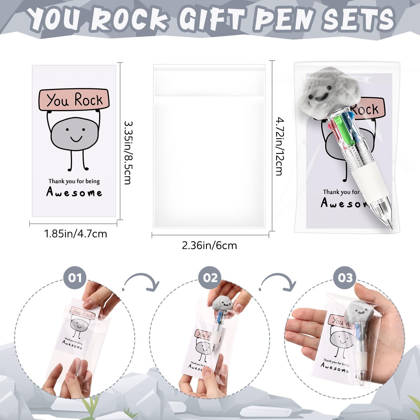 Sayglossy 24 Sets You Rock Party Favor Pens Gifts Bulk with Positive Cards