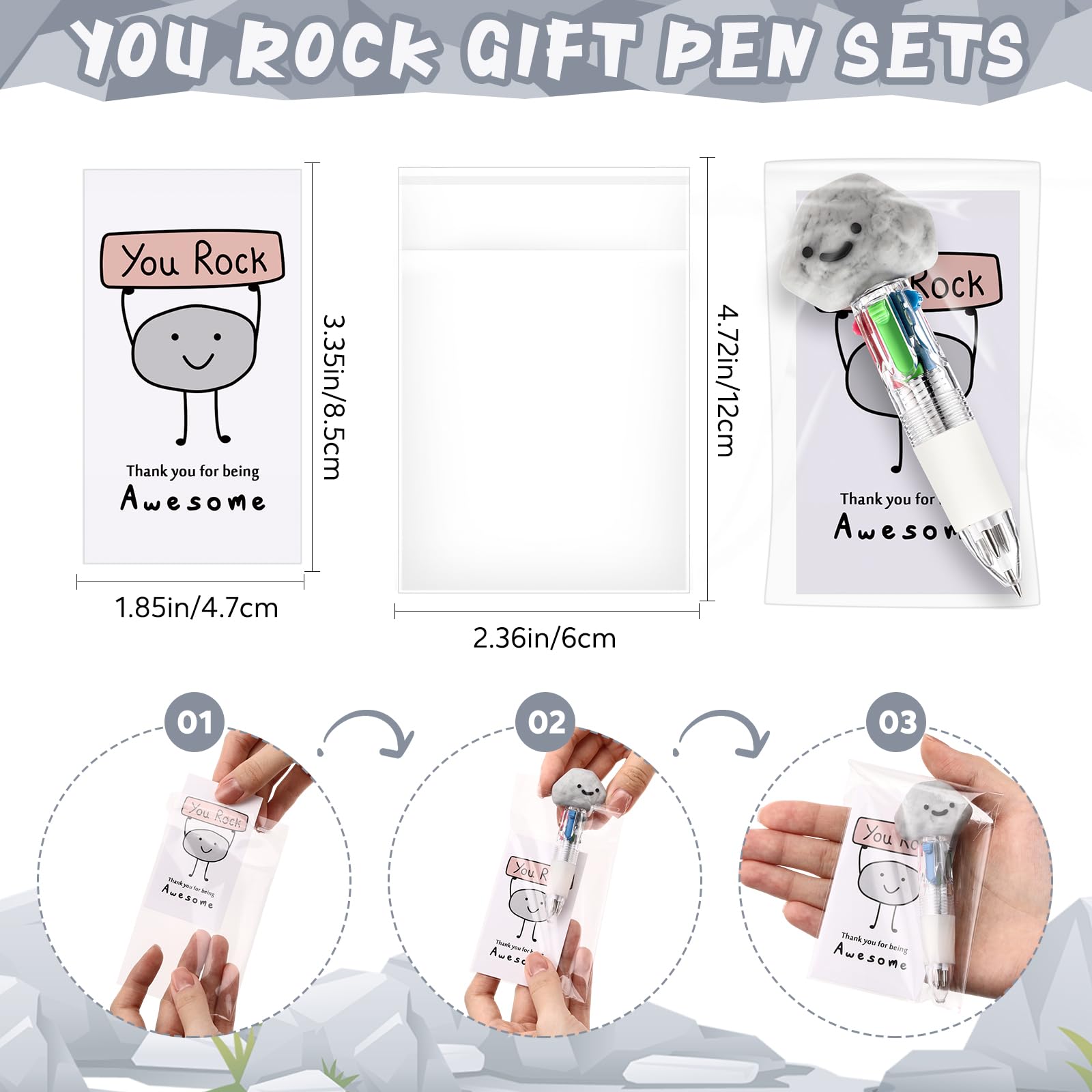 Sayglossy 24 Sets You Rock Party Favor Pens Gifts Bulk with Positive Cards