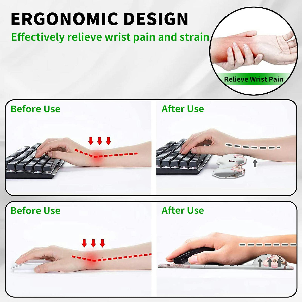 Keyboard Wrist Rest Pad and Ergonomic Gaming Mouse Pad Wrist Support Set (with Cute Coasters) with