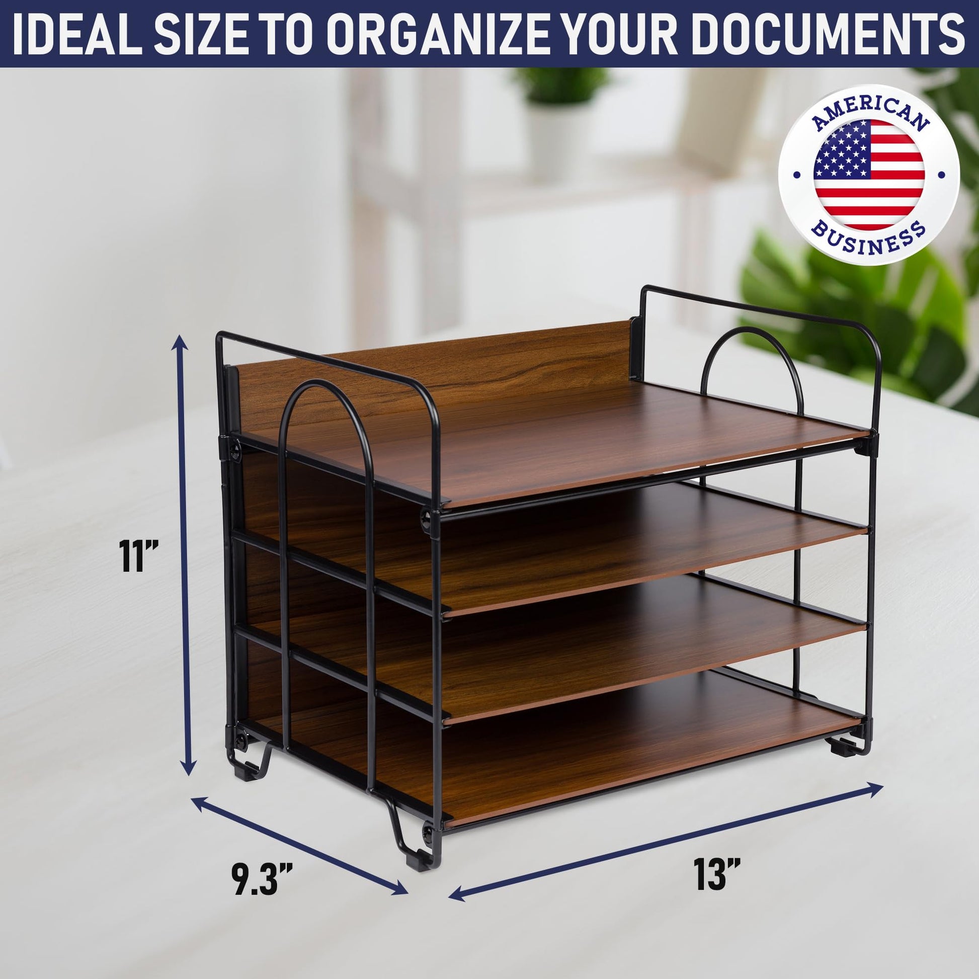 4-Tier Office Organizer, Desk File Organizer with Wood Patterned Shelves, Office Supplies Desktop