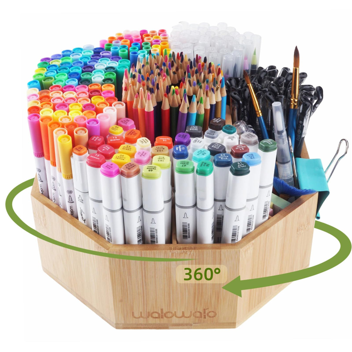 walowalo Bamboo Rotating Art Supply Organizer Caddy Holds 800+ Pencils Spinning Crayon 160 Marker