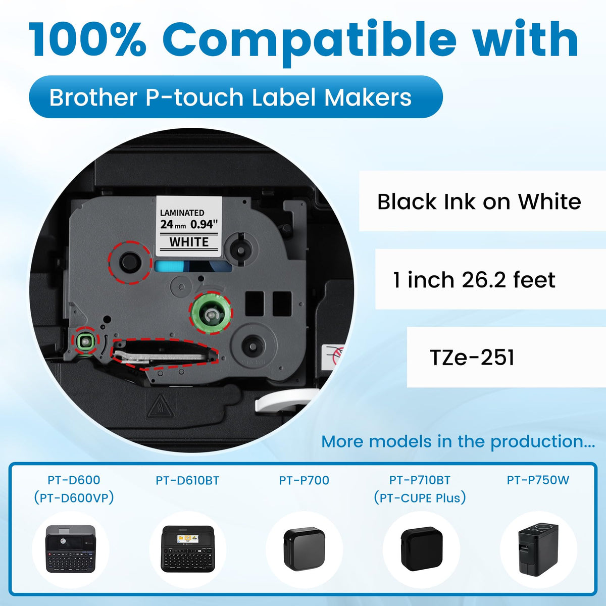 6X Replace for Brother P-Touch Label Tape 24mm .94 Laminated White TZe-251