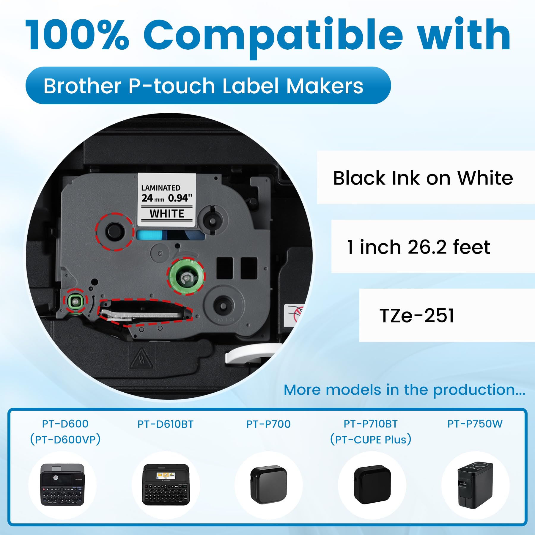 6X Replace for Brother P-Touch Label Tape 24mm .94 Laminated White TZe-251