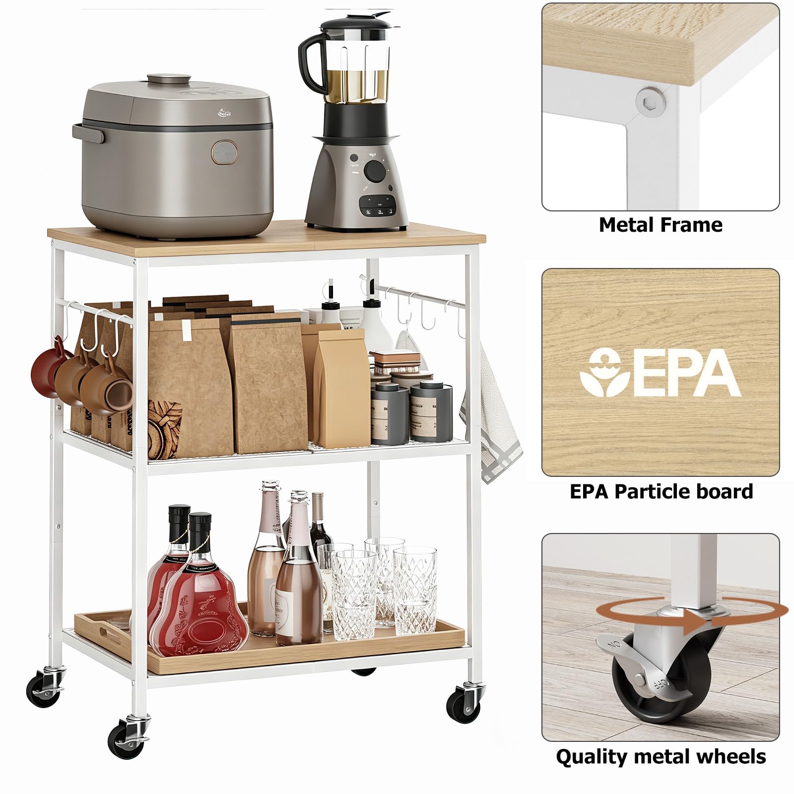 Homleke 3-Tier Rolling Kitchen Microwave Cart, Utility Cart