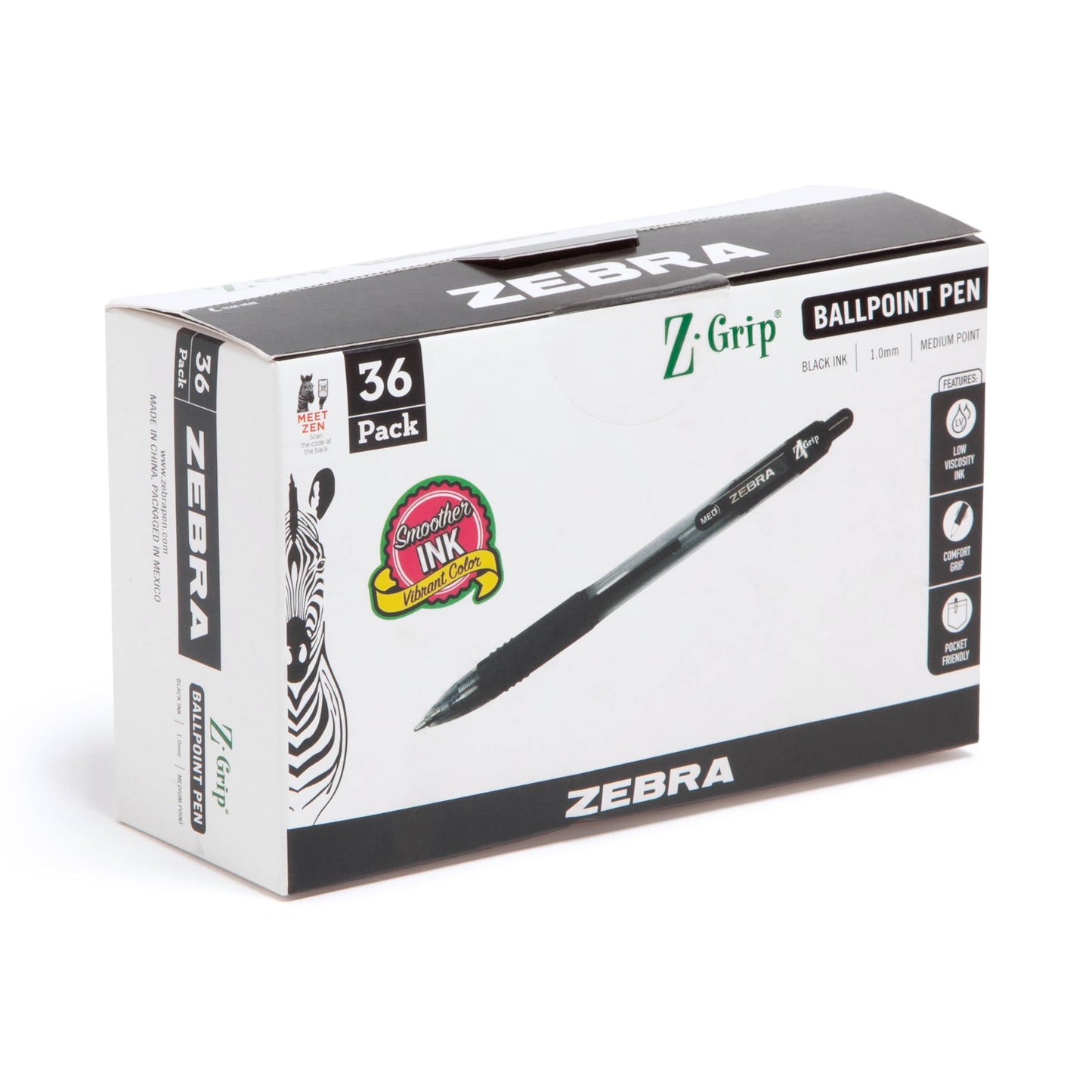 Zebra Pen Z-Grip Retractable Ballpoint Pen, Black Ink, 1.0mm, 36 Bulk-Pack