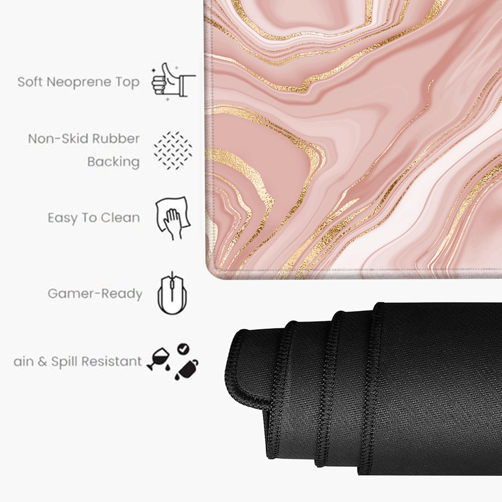 Gold Pink Marble Mouse Pad 24 x 12 inch Mousepad Gaming Desk Mat Large Computer Pad with Non-Slip
