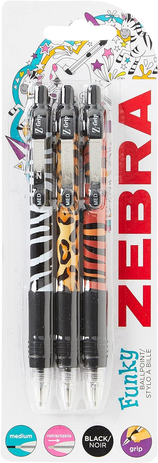 ZEBRA Pen Z Grip Black Pens Ballpoint, Smooth & Funky Ballpoint Pens With Pocket Clip, Retractable
