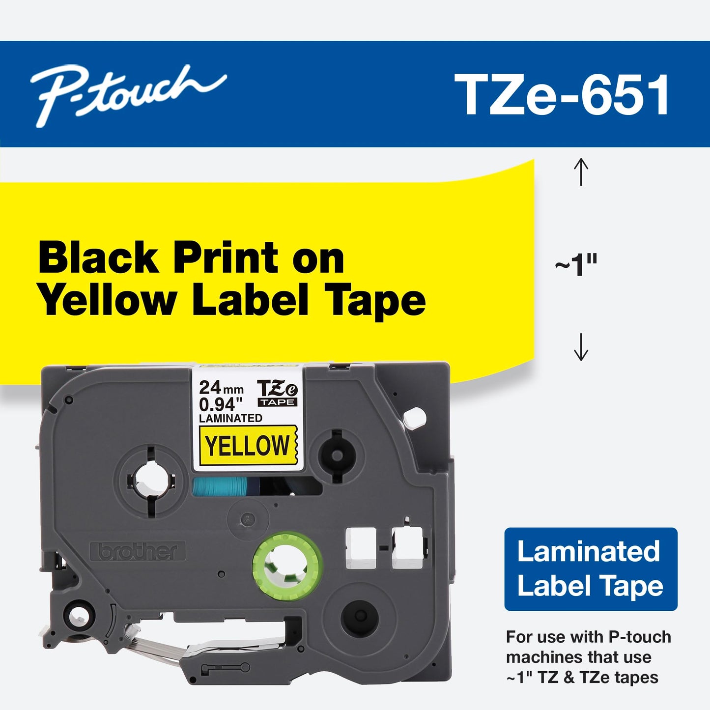 Brother Genuine P-Touch TZE-651 Tape, 1" (24 mm) Standard Laminated P-Touch Tape, Black on Yellow