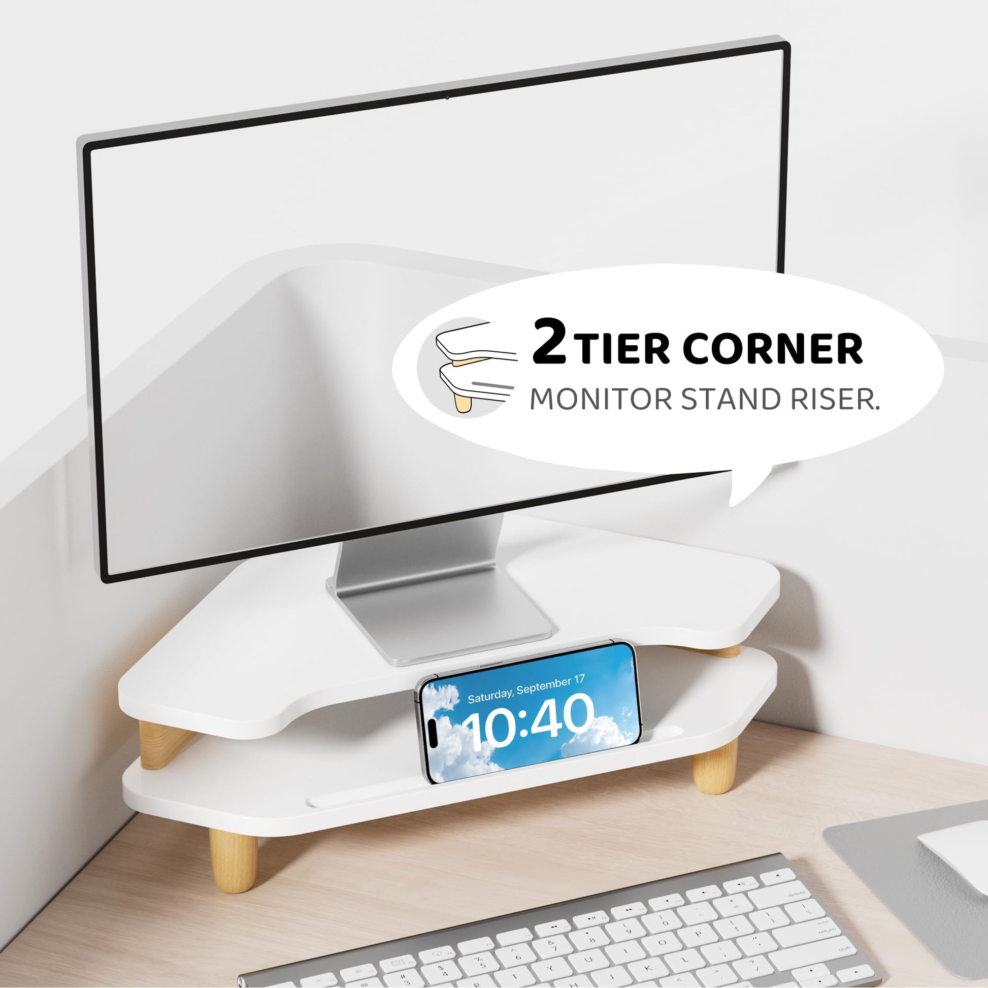 AFOOYO Monitor Stand Riser,2 Tier Corner Wood Sturdy 16.5In Computer Stand, Multi-Purpose Desktop