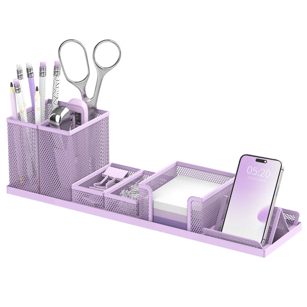 Pen Holder for Desk, 6-Piece Mesh Desk Organizer with Phone Holder, Purple