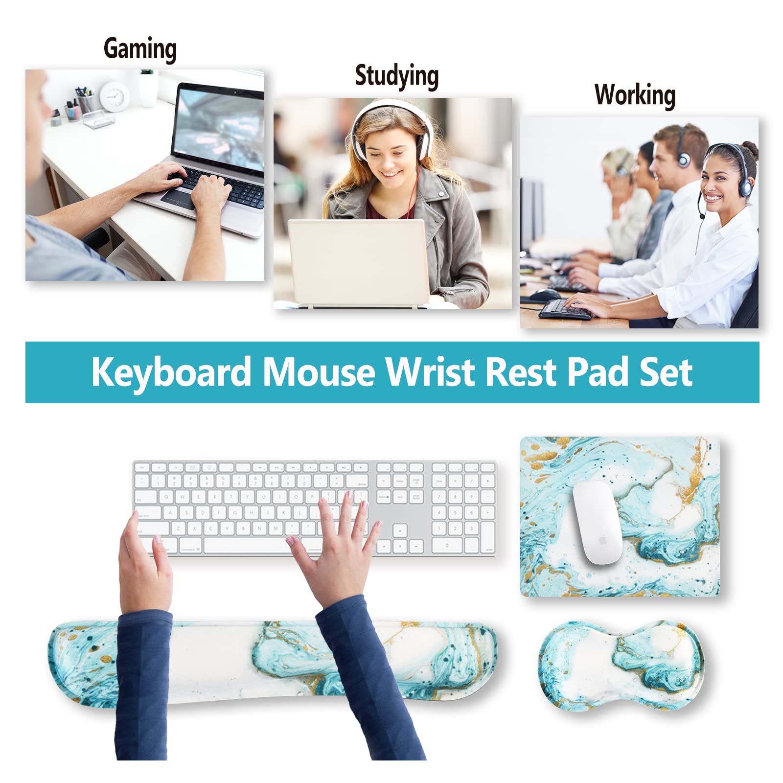 ARTSO Keyboard Wrist Rest and Mouse Pad with Wrist Support Set Ergonomic Coaster, Memory Foam