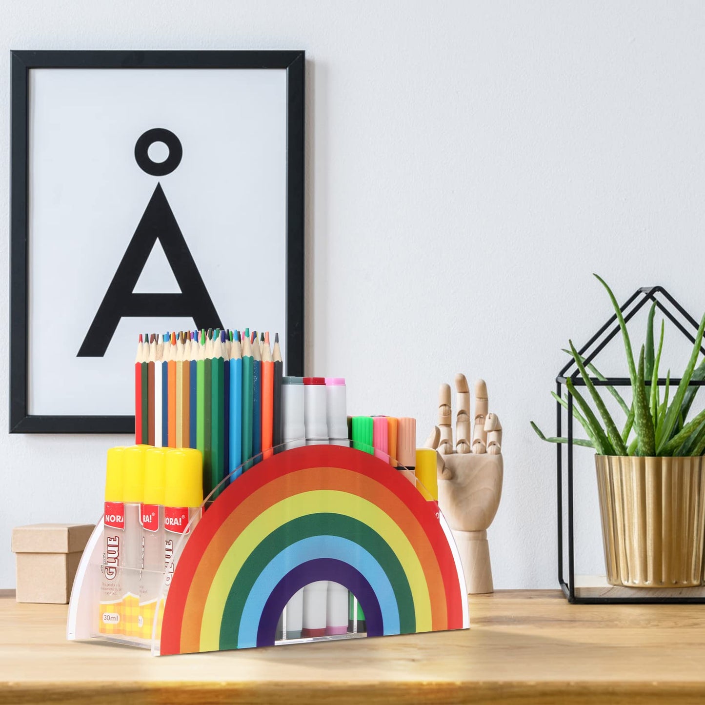 Flytreal Acrylic Pen Pencil Holder Clear Desk Organizer, Rainbow Home Office Desk Pen Storage