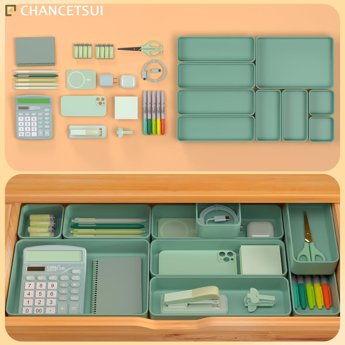 CHANCETSUI 9 Pcs Stackable Drawer Organizer Trays Set, Green, Multifunctional Storage for Vanity